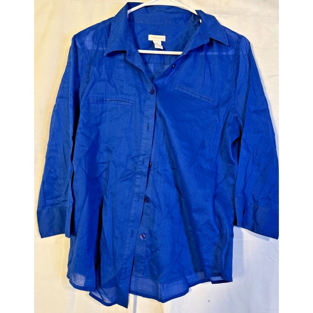 Chico's Women's 1 Large L Blue Button up Basic Scanide Top Indie Office Summer